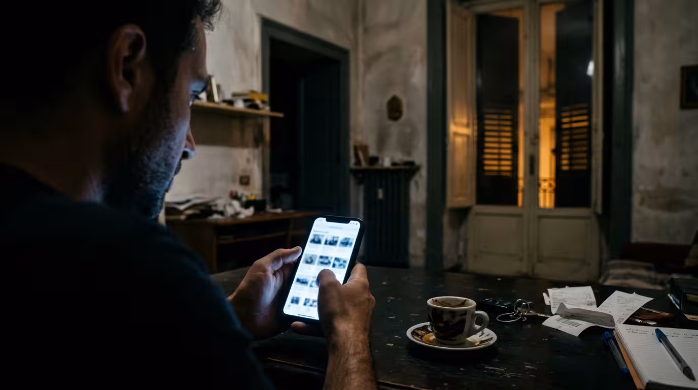 uomo che scorre annunci sul telefono di notte