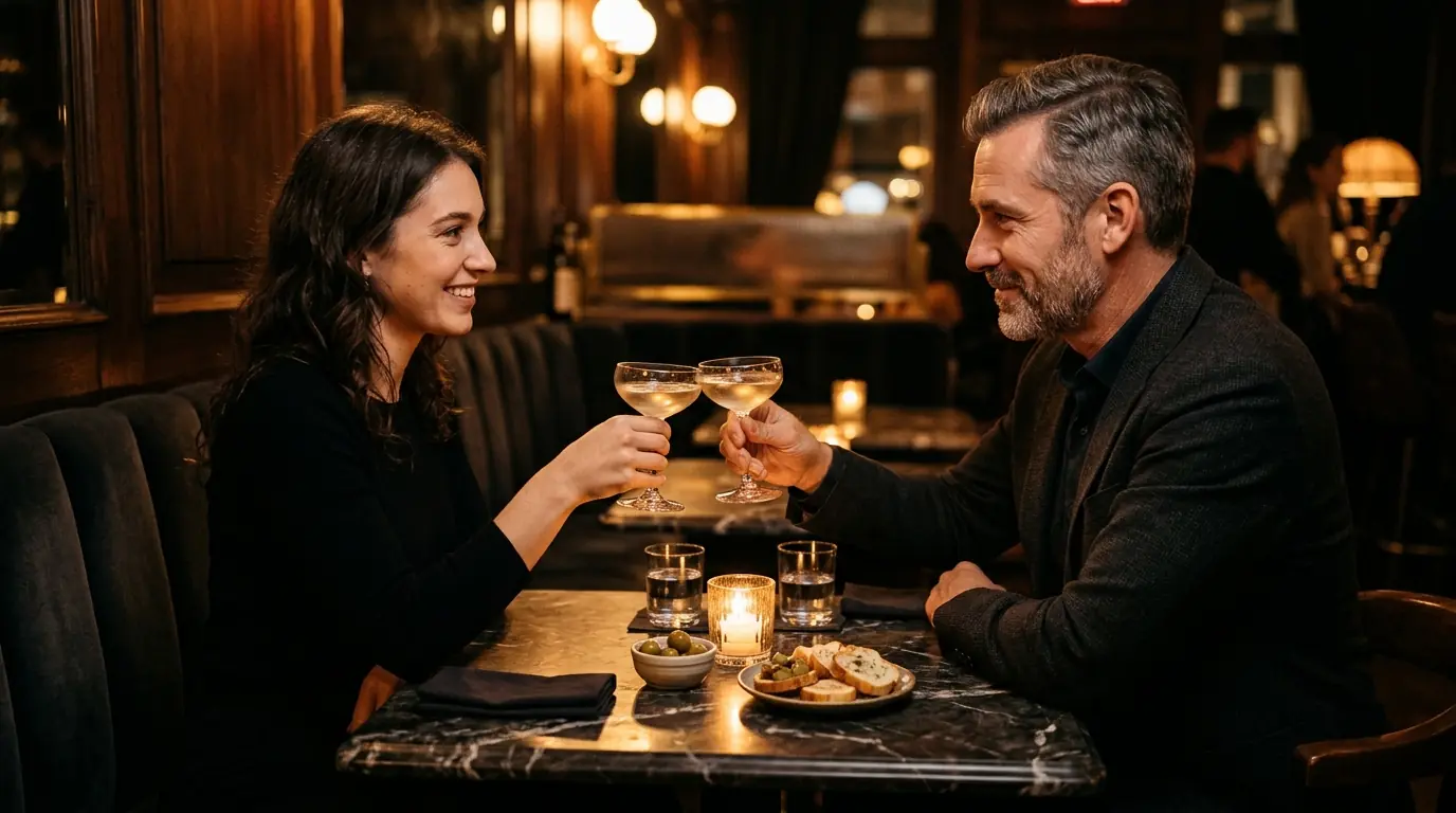 Una giovane donna e un uomo brindano con due cocktail in un bar elegante dalle luci soffuse durante un aperitivo romantico