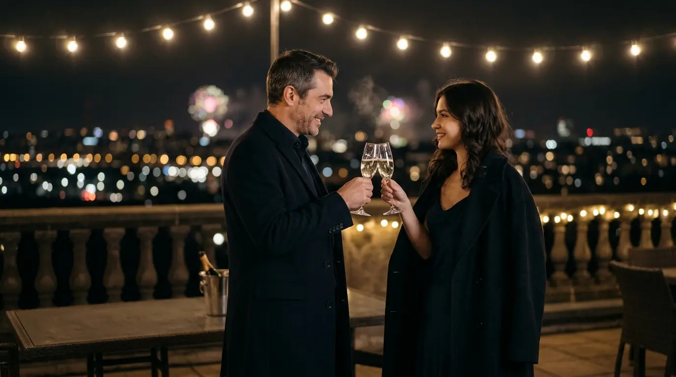 Una giovane donna e un uomo elegante brindano con lo spumante su una terrazza a mezzanotte, con i fuochi d’artificio sullo sfondo