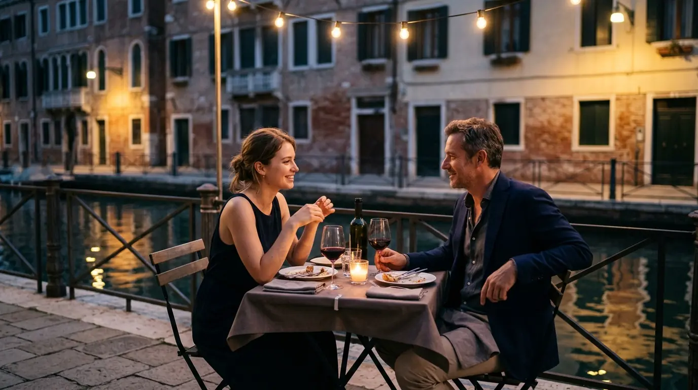 Una giovane donna e un uomo elegante cenano a lume di candela su un tavolino lungo un canale, con le luci riflesse nell’acqua