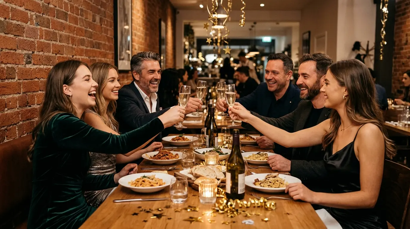 Gruppo di uomini e donne che brindano con il prosecco a una tavolata durante un cenone di Capodanno per single
